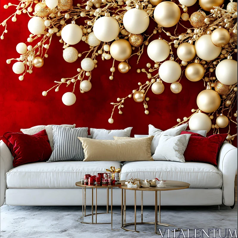 Elegant Christmas Decor with White Sofa AI Image