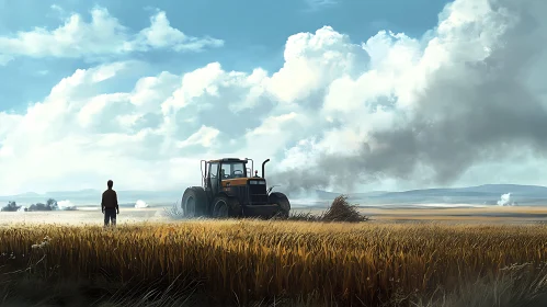 Rural Landscape with Tractor in Field