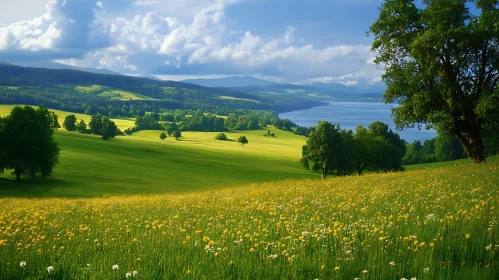 Picturesque Meadow and Lake Scenery