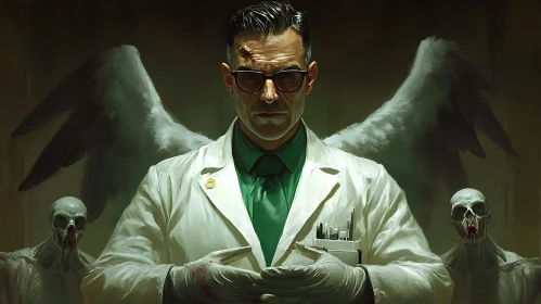 Man with wings in lab coat