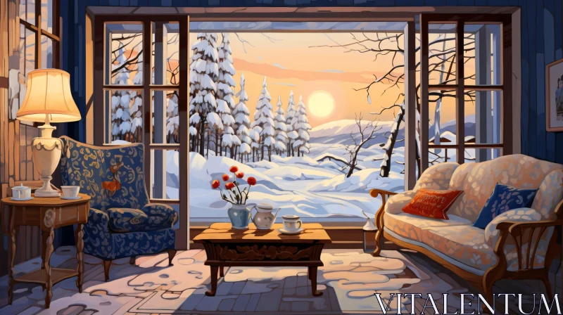 Warm Interior with Winter View AI Image