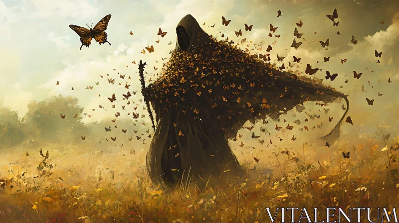 Mystical Butterfly Adorned Monk in Field AI Image