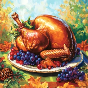 Festive Turkey with Grapes and Autumn Leaves