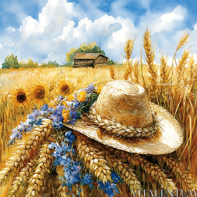 Summer Wheat Field with Hat and Flowers AI Image