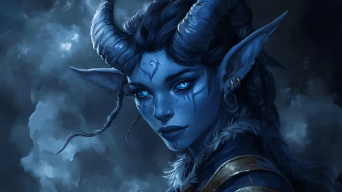 Fantasy Character with Horns and Blue Skin