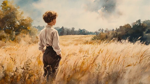 Watercolor Boy in Golden Field