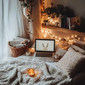 Comfortable Interior With Laptop And Candles