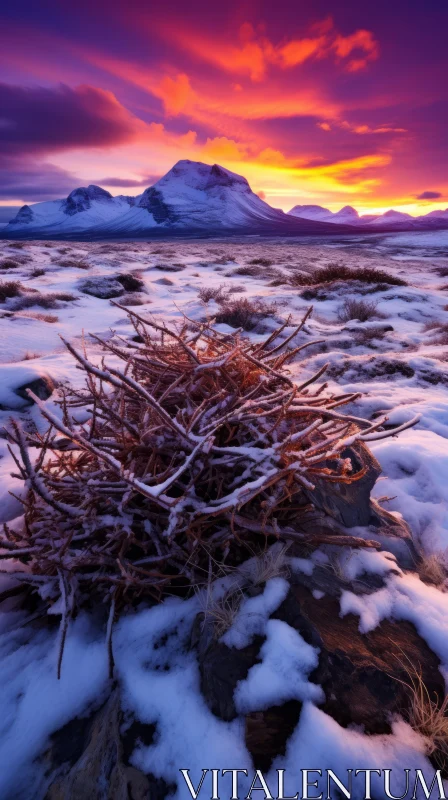 Captivating Winter Landscape in Iceland: Snow and Plants Against a Stunning Sunset AI Image