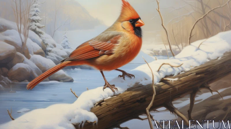 Cardinal Bird Perched on Snow Covered Branch: Nature's Portrait AI Image