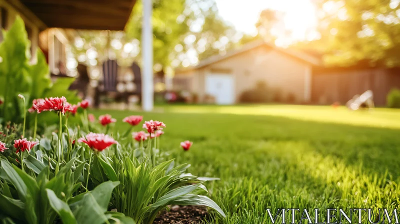 Sunlit Garden with Blooming Flowers AI Image