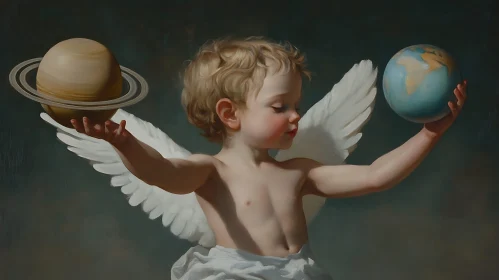 Angelic Child Holding Planets Artwork