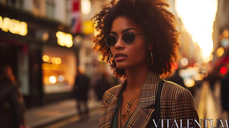 Confident Young Woman with Curly Hair in City Street AI Image