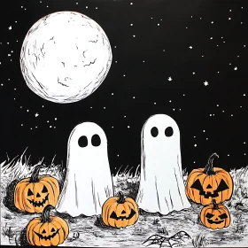 Halloween Night with Ghosts and Pumpkins