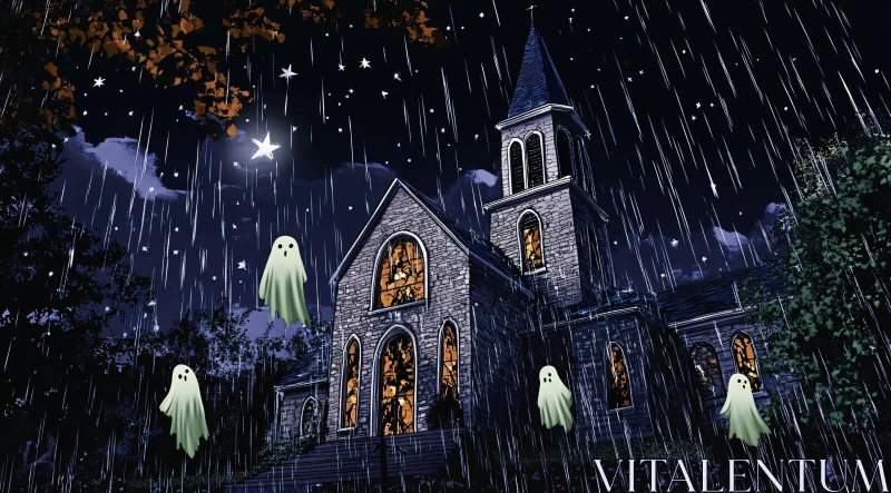 Spooky Church with Ghosts in the Rain AI Image