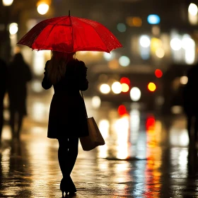 Silhouette with Red Umbrella in Rain