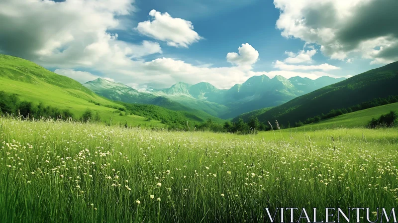 AI ART Lush Green Meadow and Mountain Scenery