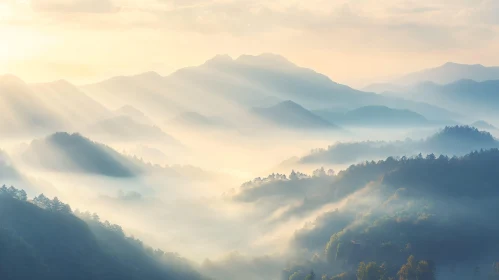 Serene Mountain Landscape with Sun Rays and Mist