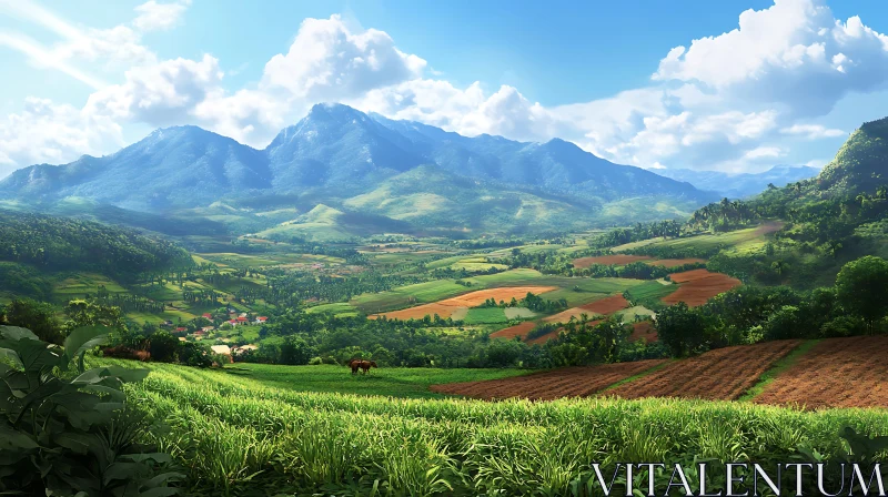 AI ART Lush Green Valley Under Mountain Peaks