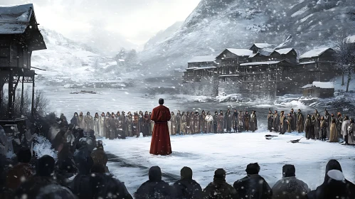 Snowy Village Gathering: A Winter Scene