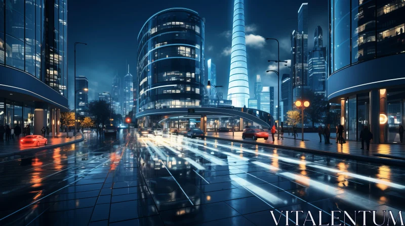 Futuristic City Street at Night with Reflective Buildings AI Image