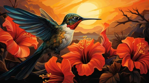 Hummingbird and Flowers at Sunset - Tropical Art