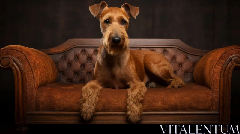 Luxurious Classic Portraiture of Airedale Terrier on Brown Couch AI Image