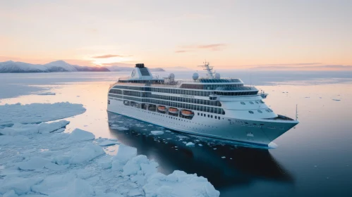 Luxurious Cruise Ship Sailing Through Icy Waters at Sunrise