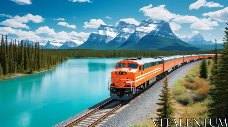 AI ART Orange Train on Railroad Tracks - Captivating Contemporary Art