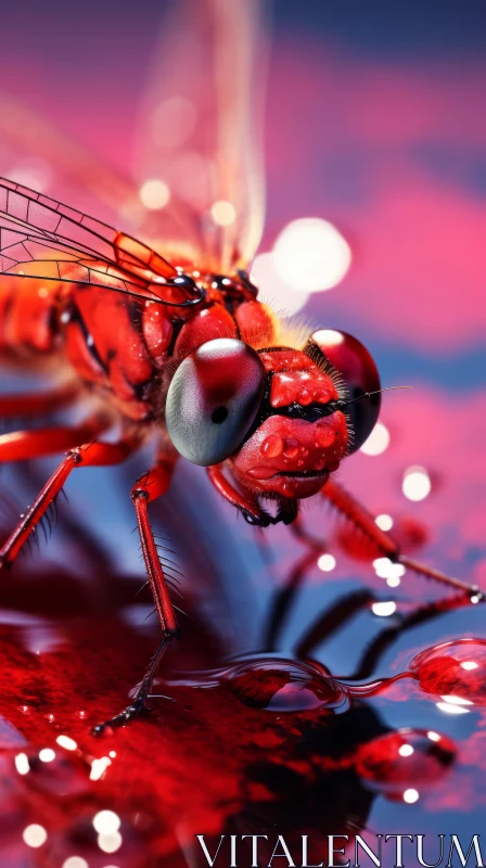 AI ART Red Fly on Water Droplets: A Surrealistic Photorealistic Image