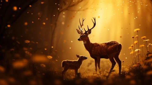 Serene Image of Deer and Foal in Golden-Hued Forest