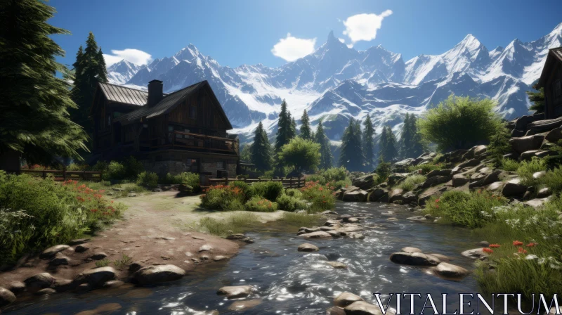 Tranquil Lake, Mountain, and Forest Village Scene AI Image