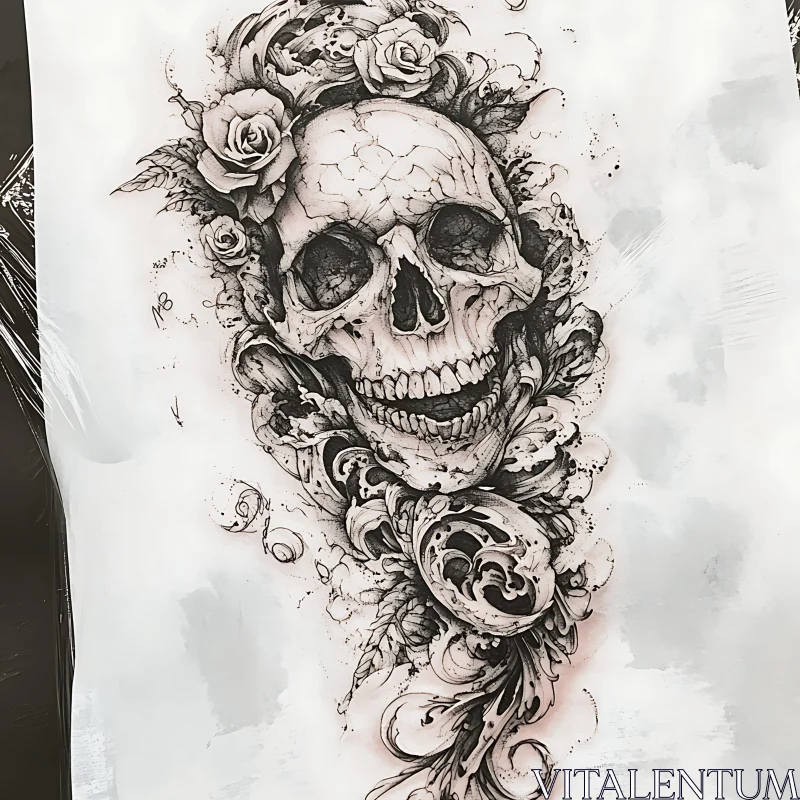 Detailed Skull with Floral Patterns Tattoo AI Image