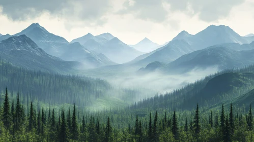 Serene Forest and Mountains in Mist