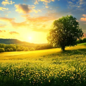 Sunset Over Flower Field With Tree