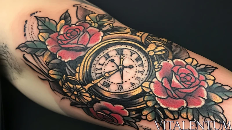 Elegant Rose and Timepiece Tattoo AI Image