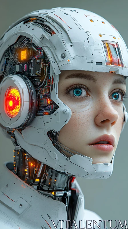 Cyborg Woman with Freckles and Electronic Components AI Image