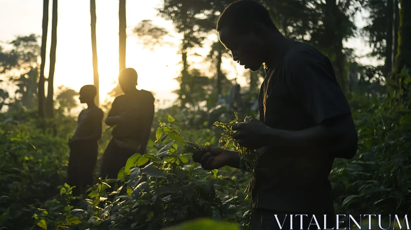 Man Gathering Plants in Forest AI Image