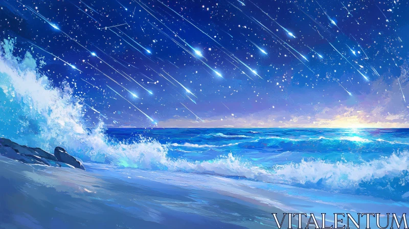 AI ART Nighttime Ocean Waves with Starry Sky