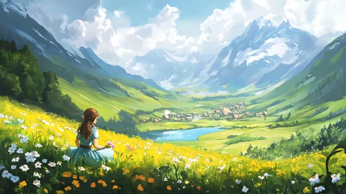 Girl in Flower Meadow Overlooking Valley