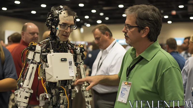 AI ART Robot and Man Chatting at Tech Fair