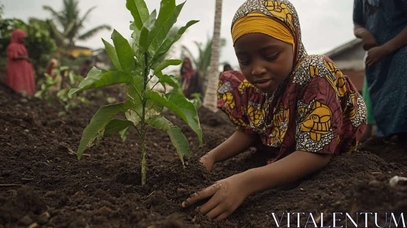 Young Girl Planting a Tree Sapling AI Image