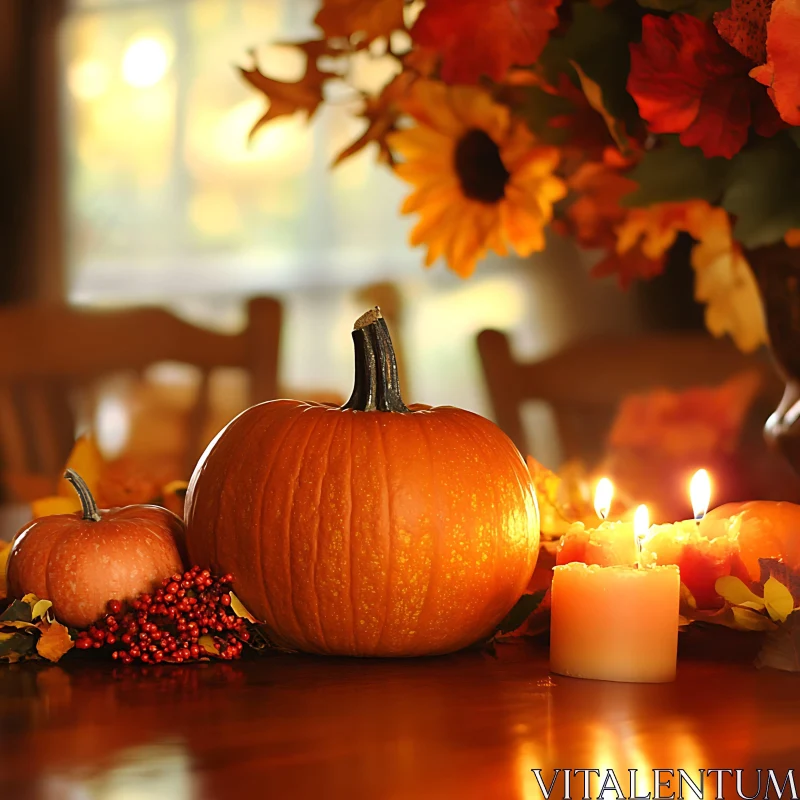 Pumpkins and Candlelight: An Autumnal Still Life AI Image