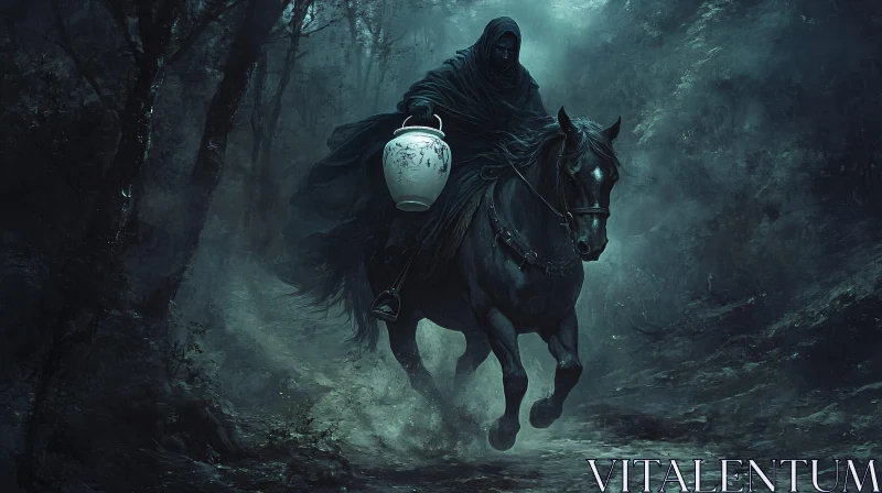 AI ART Hooded Rider in Dark Forest