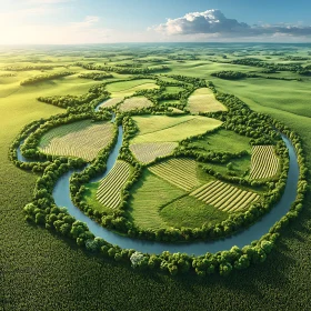 Aerial River Bend in Green Fields