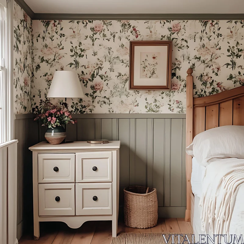 Cozy Bedroom with Floral Wallpaper AI Image