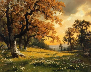 Peaceful Sunset Landscape with Trees and Flowers