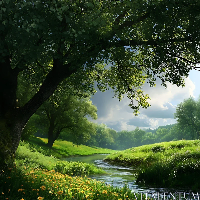 AI ART Green Meadow Landscape With Serene River