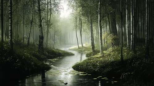 Peaceful Forest Stream with Sunlit Trees