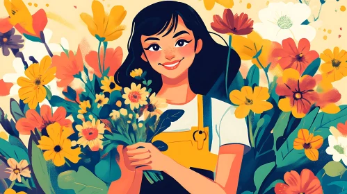 Smiling Woman with Colorful Flower Bouquet