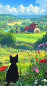 Black Cat Contemplates Countryside View